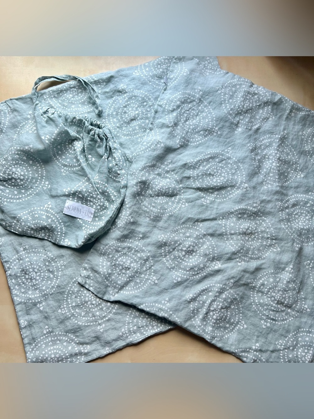 Serena & Lily Seafoam Linen Euro Sham Covers with White Dot Medallion Print